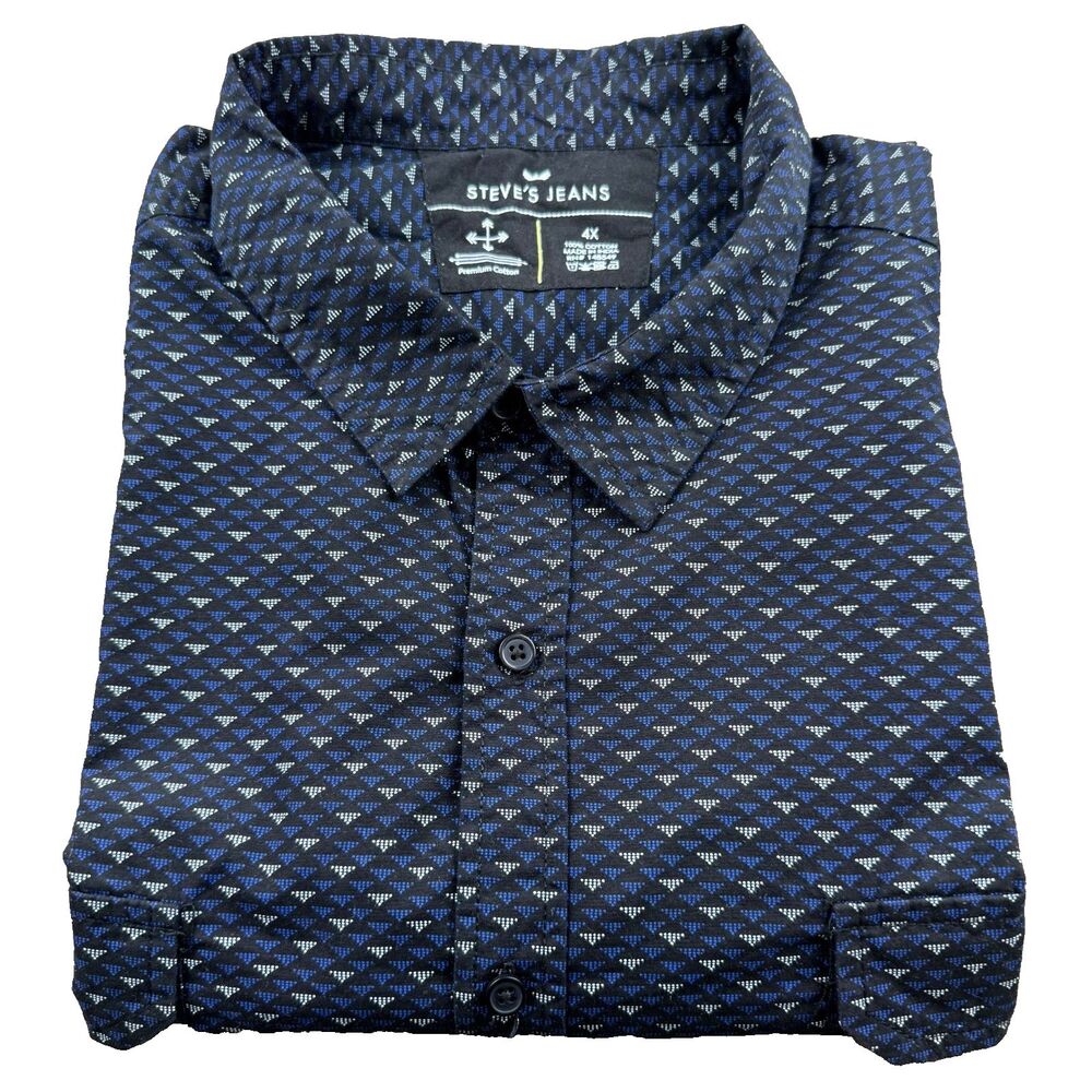 Steve's Jeans Button Up Shirt Men's 4Xl Short Sleeve Geometric Black/Blue Cotton